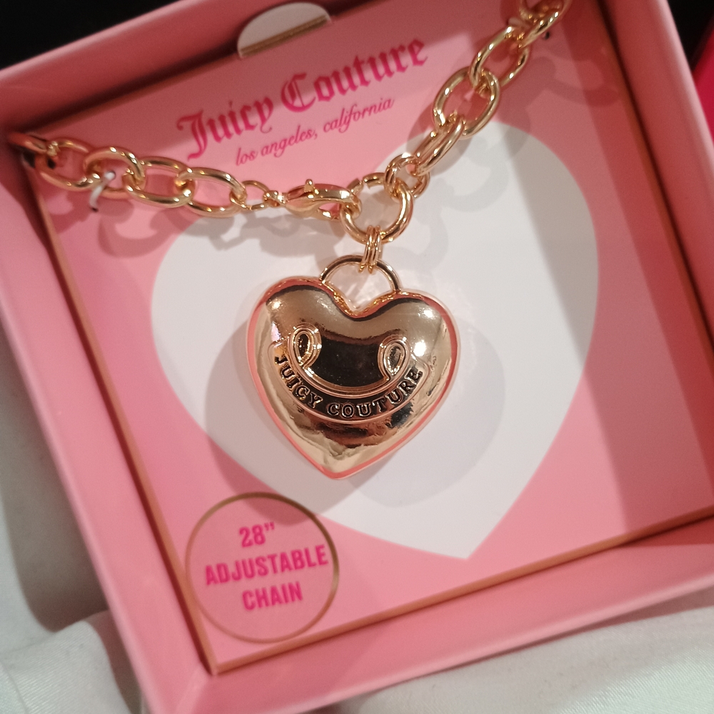 New Juicy Couture Gold Chunky Heart Necklace With Spell Out 28" Adjustable Chain - Picture 2 of 3